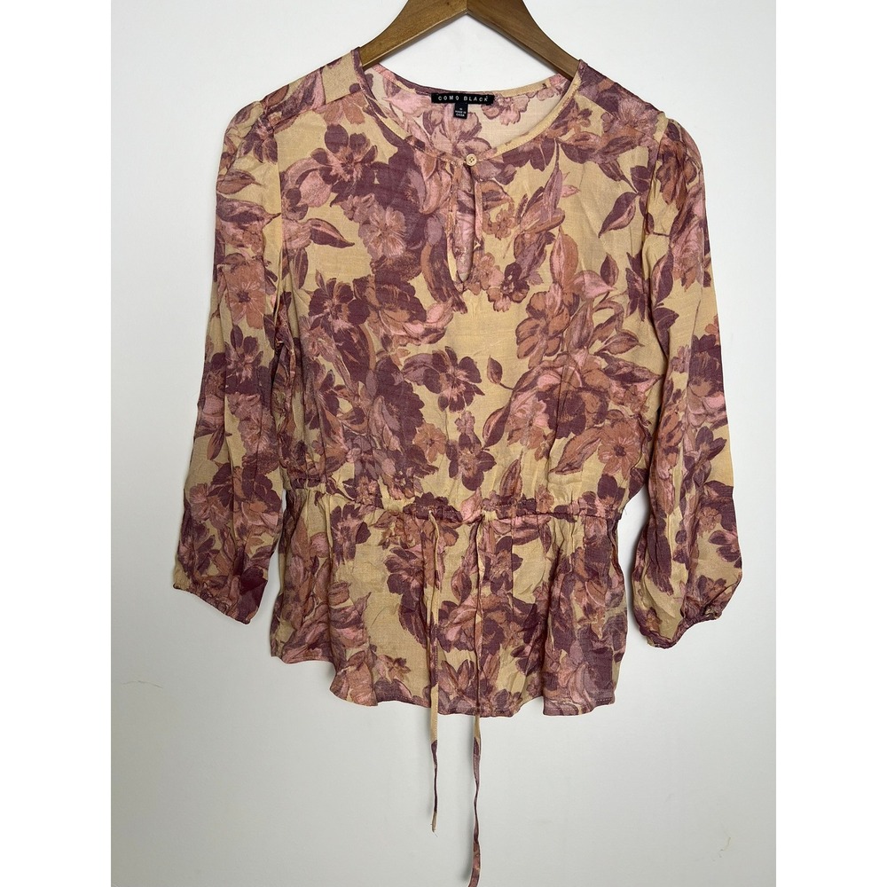 Como Black Floral Sm Peplum Blouse Mauve Tan Keyhole Drawstring Waist‎ Boho